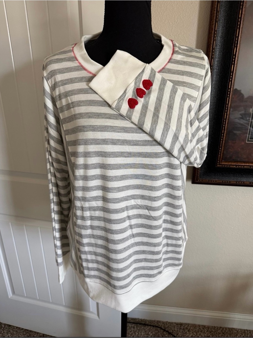 Jane and Delancey Gray & White Stripe Crewneck Sweater with Red Heart Buttons